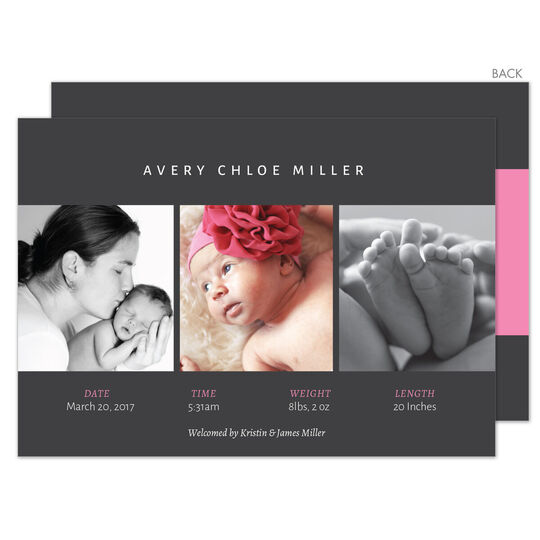 Pink Triple Photo Birth Announcements